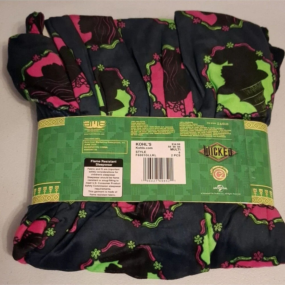 Wicked Girls 2pc Pajama Set Sz 6 Flame Resistant Velour LS Elphaba Glinda Cozy